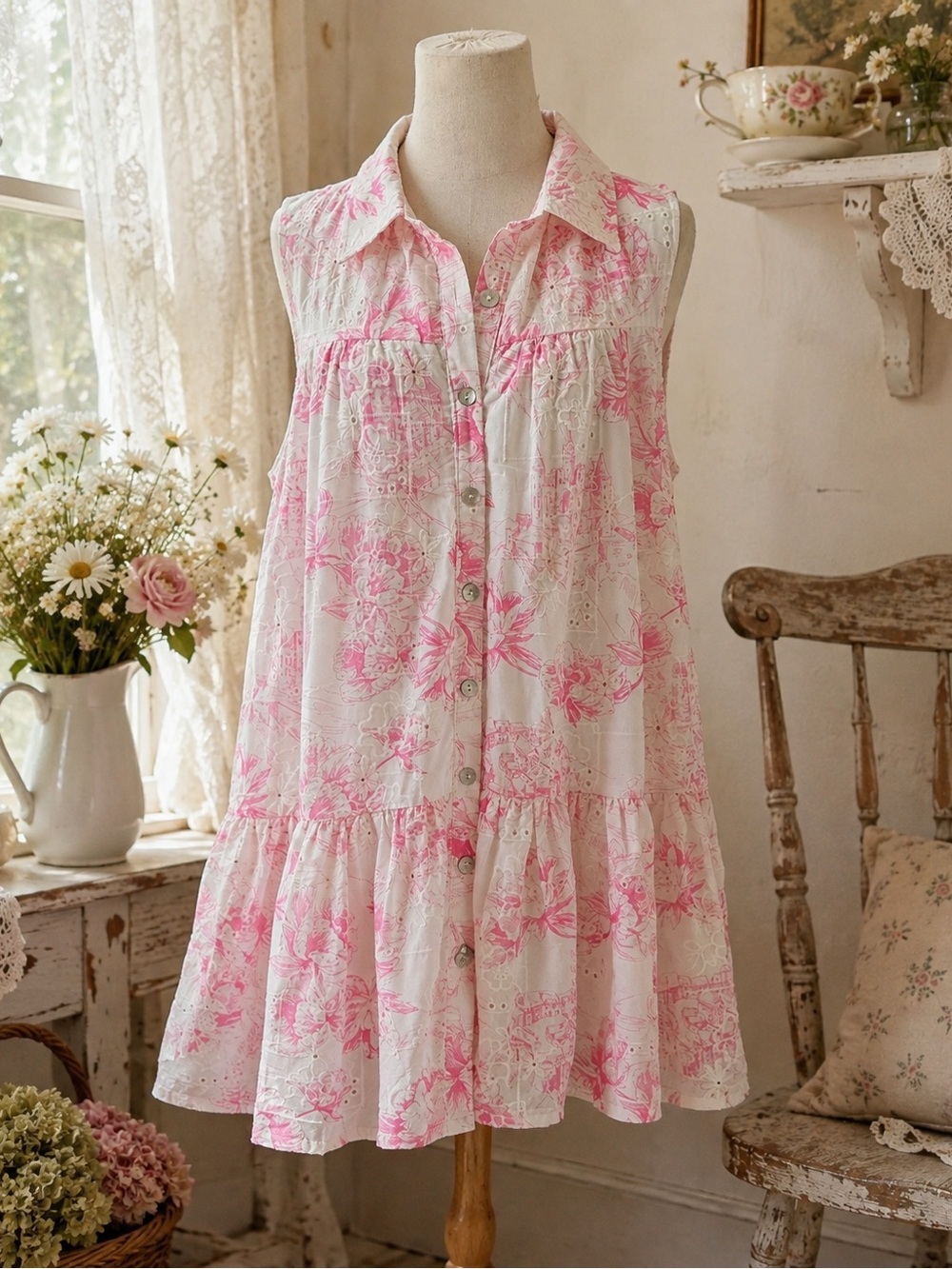 entro Cottagecore White and Pink Sleeveless Floral Button-Down Dress